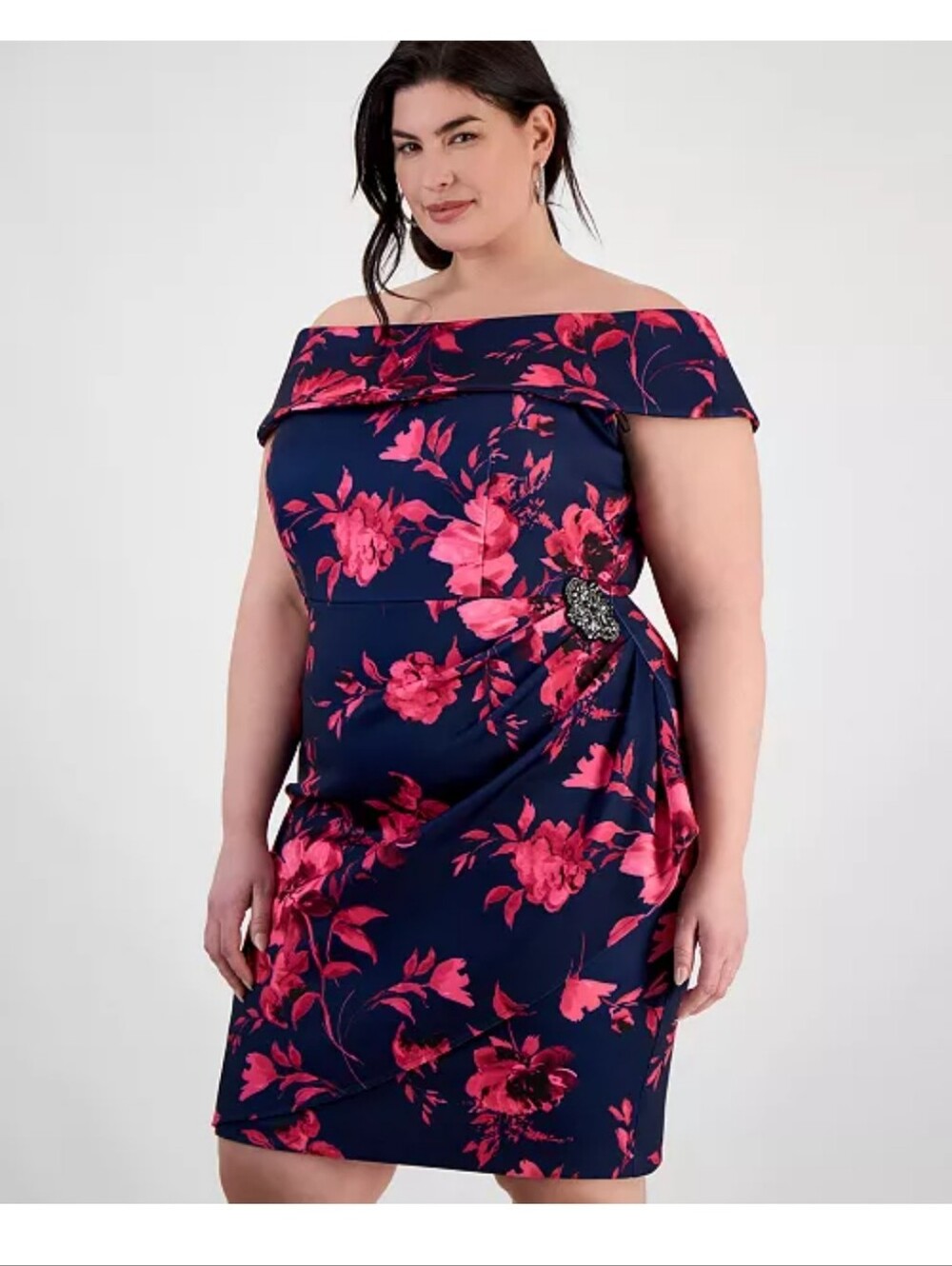 NWT Alex Evenings 20W Navy Fuchsia Floral Cocktail Dress Plus Size Embellished